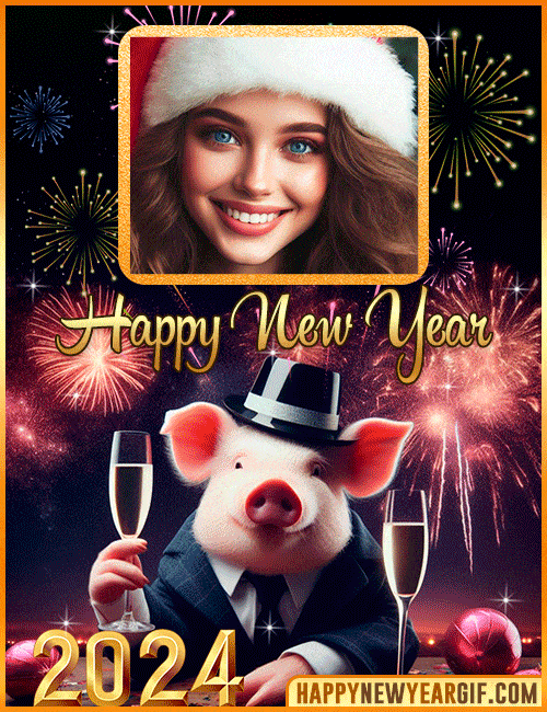 Get a Happy New Year 2024 Photo Frame with a Pig and Champagne