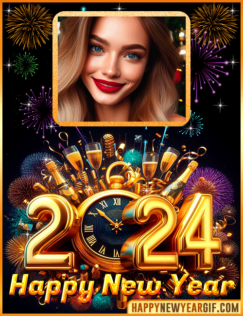 Make the Perfect Happy New Year 2024 Gif with a Golden Clock Photo Frame
