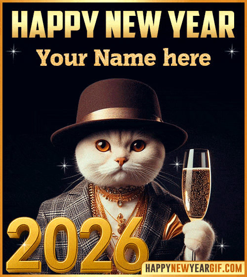 Funny Cat Happy New Year 2026 gif with name edit