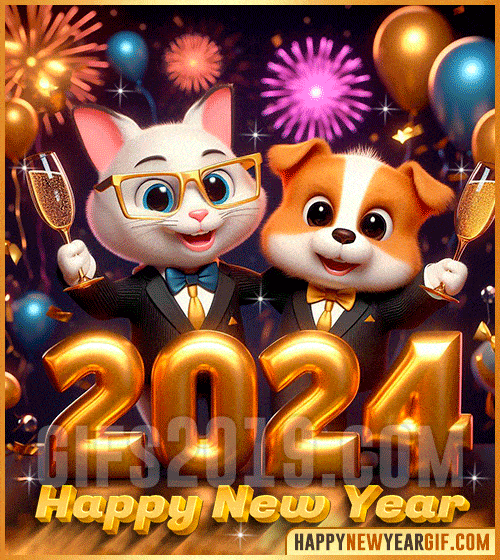 happy new year 2024 gif with dog and cat funny