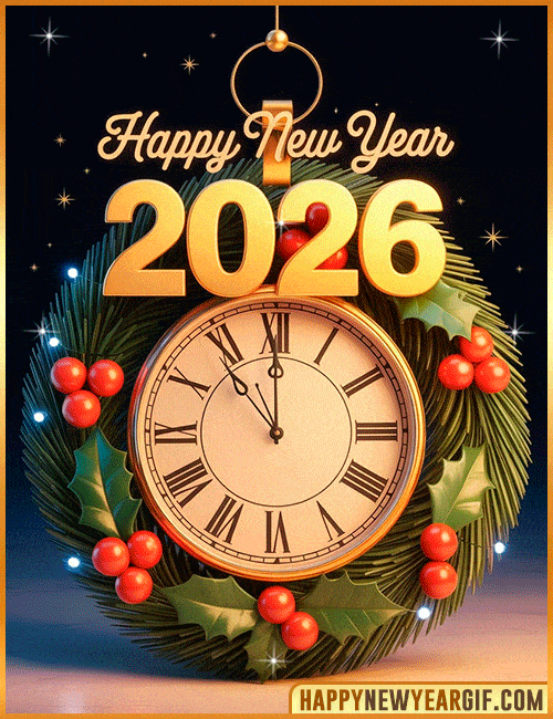 new year 2026 gif pine wreath clock design