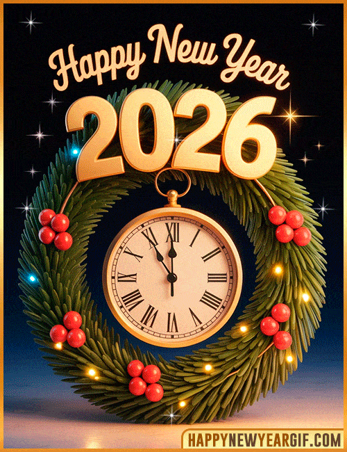 pine wreath clock happy new year 2026 gif