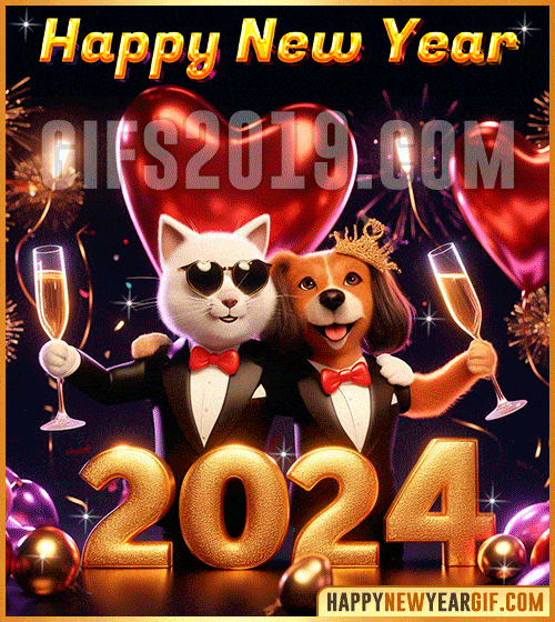happy new year 2024 cat and dog celebrating gif