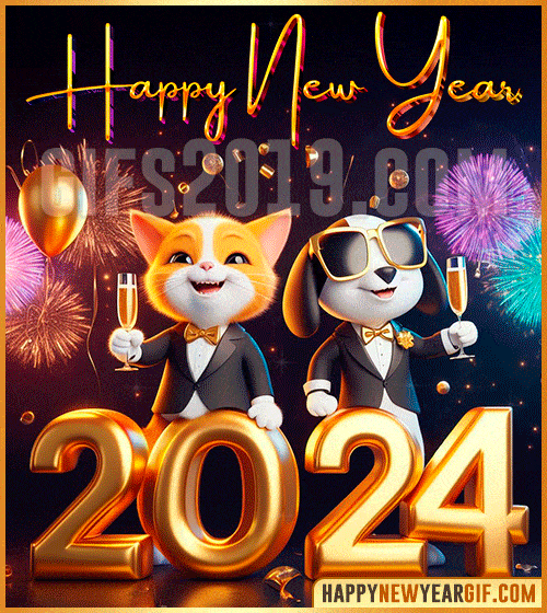 happy new year 2024 gif cat and dog toasting champagne funny