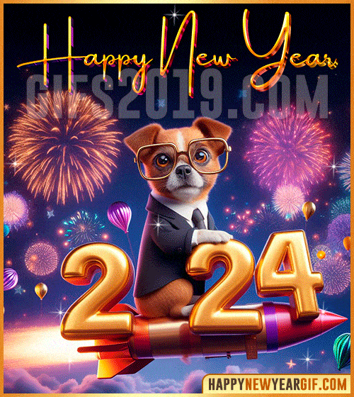 happy new year 2024 gif cute dog flying on rocket funny