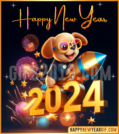 happy new year 2024 gif cute dog with rocket funny