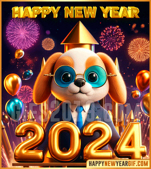 happy new year 2024 gif with cute dog 3d funny