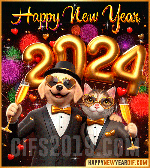 happy new year 2024 gif with cute dog and funny cat