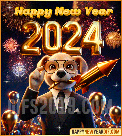 happy new year 2024 gif with dog funny 3d